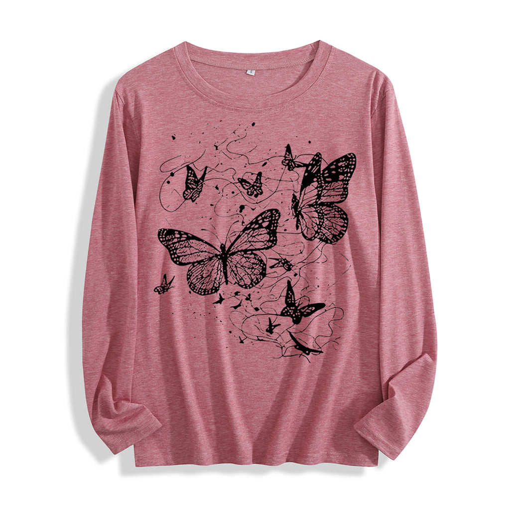 100% Cotton "Black Butterfly Graphic" Long - Sleeve T - Shirt, Multi - Colors