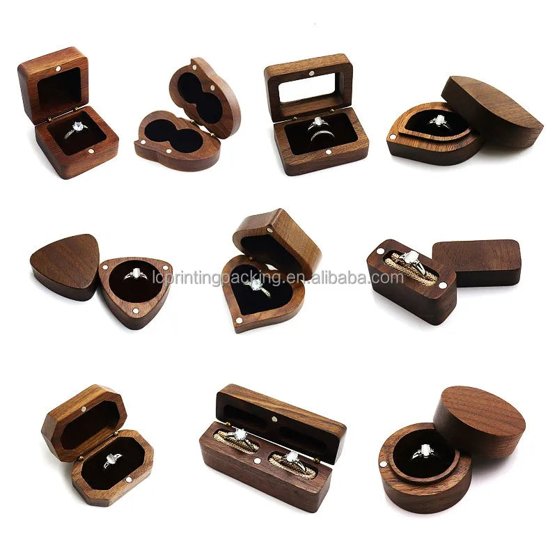 Unique Designed Walnut Wooden Jewelry Ring Box Wooden Carved Jewelry Box for Wedding or Proposal