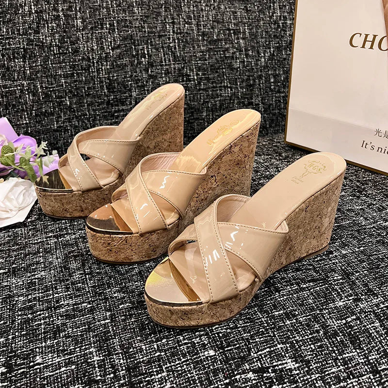 Popular Summer New Style Small Chili Cross Iron Head Fish Mouth Slope Heel High Heel Slippers 9cm 11cm 13cm