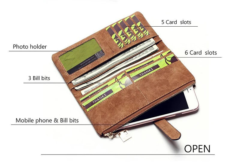 Vintage Women Long Standard Wallets Purse Fold Drawstring Nubuck Leather Zipper Suede Bag Female Simple Design Clutch Handbags
