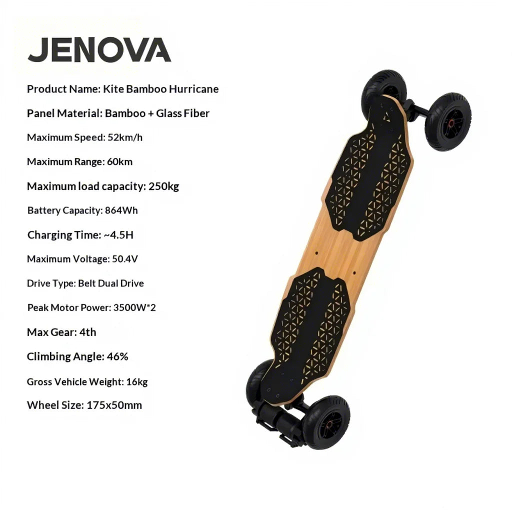 Kite Bamboo Hurricane 7000W Dual Belt Drive Electric Skateboard 52km/h All Terrain Off Road Longboard 60km Range 50.4V 864Wh