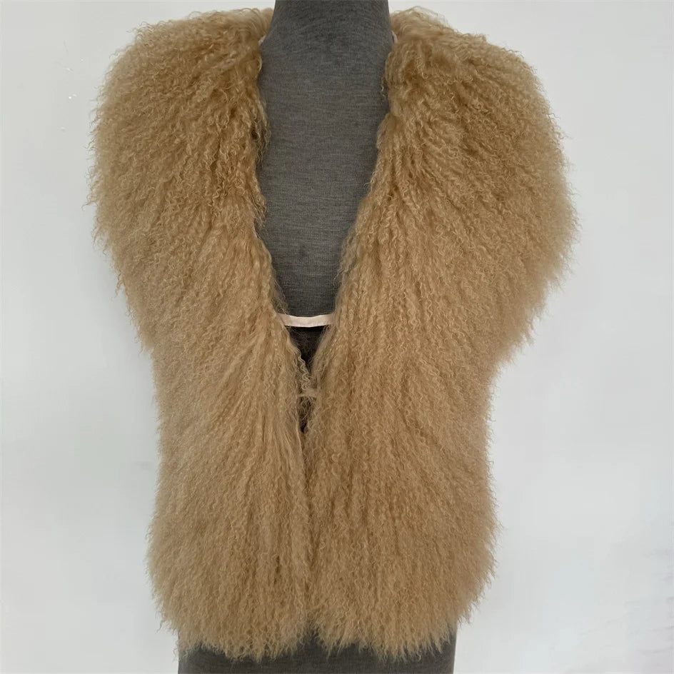 Streetwear Real Mongolian Sheepskin Fur Vest Women Real Sheep Fur Halter Top Vest