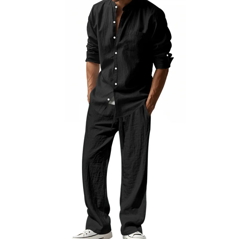 New Mens Suit Linen Casual Loose Breathable Long Sleeves Shirt and Trousers Two-Piece Set Beach Suit