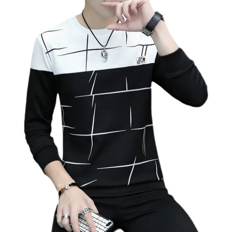 M-3XL Spring and Autumn Men's Sweater Pullover Korean Fashion Trend Splicing Colorblock Slim Fit Casual Sports Tops
