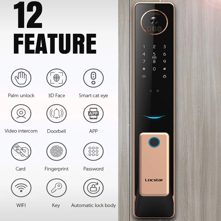 Locstar Electronic Tuya Wifi Golden Video 3D Face Recognition Digital Fingerprint Keyless Smart Door Lock for Aluminum Door