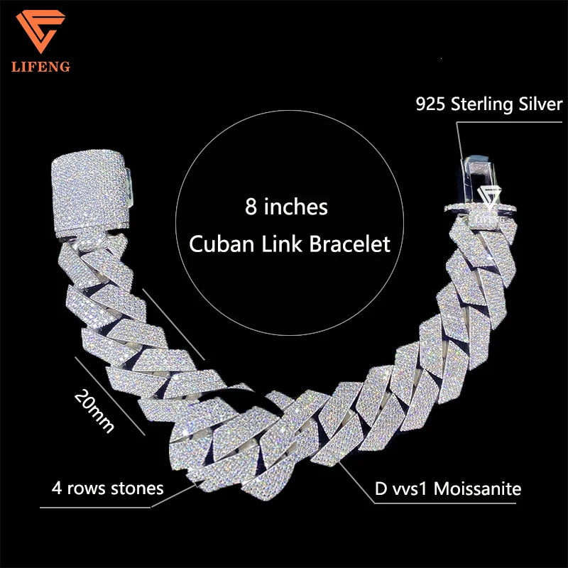 Lifeng Jewelry 20mm 4rows VVS Moissanite Cuban Link Chain Bracelet Sterling SIlver Diamond Hiphop Moissanite Cuban Chain for Men