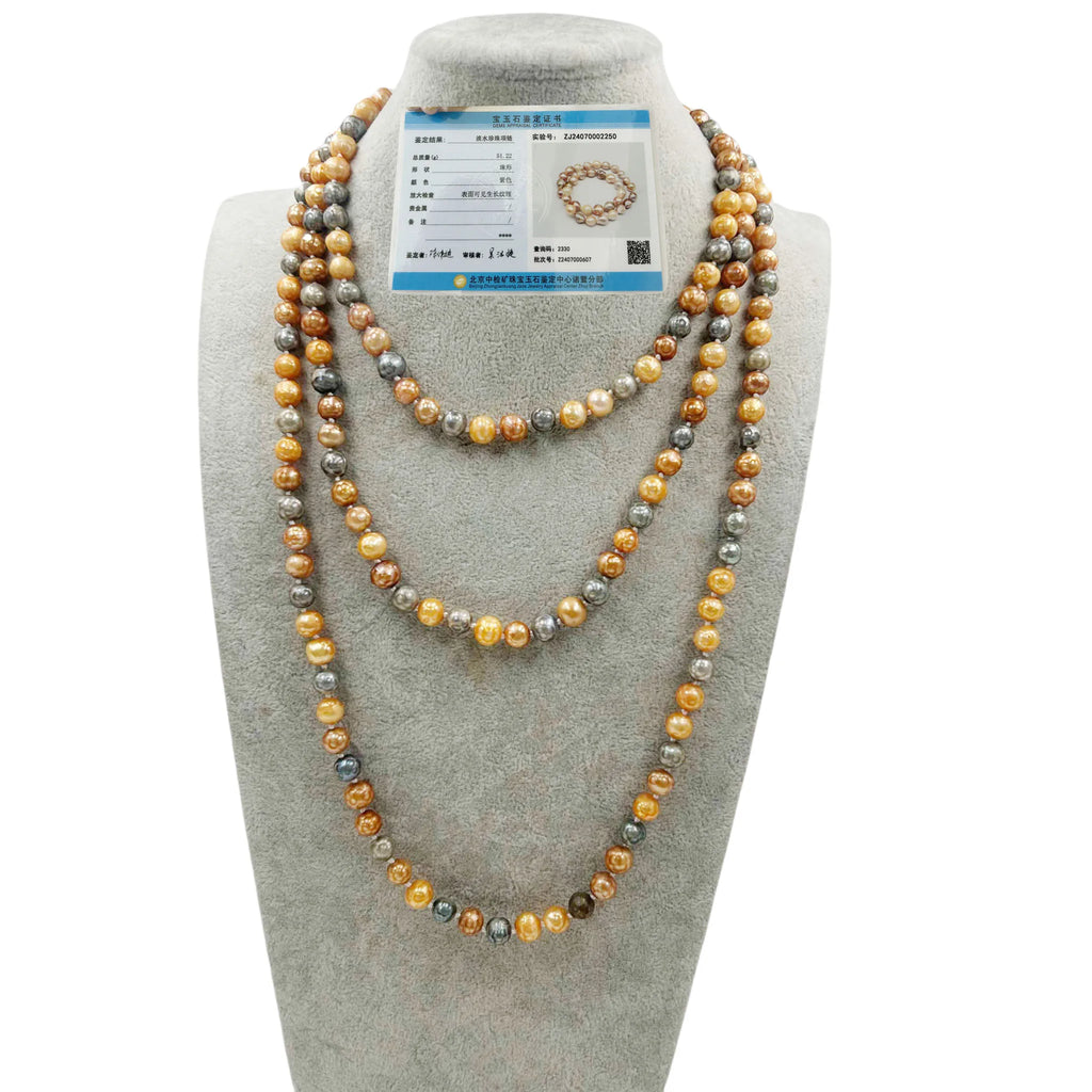 63 Inch /160 CM LONG PEARL Sweater  NECKLACE 100% NATURAL FRESHWATER Keshi Baroque PEARL 7-8 mm Near Round Pearl Knotted Beads