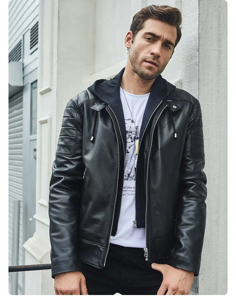 FLAVOR Men's Leather Motorcycle Jacket Black Sheepskin Real Leather Jacket With Removable Hood