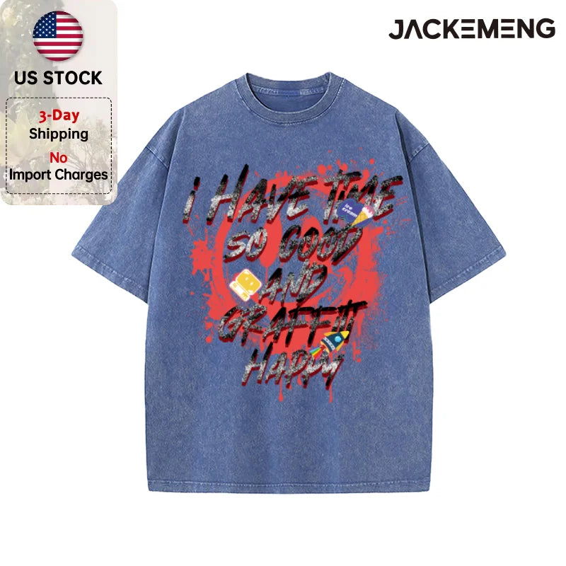 Oversized Washed Retro Graffiti Text Streetwear Print Tshirt USA Stock Wholesale Y2K Casual Tee