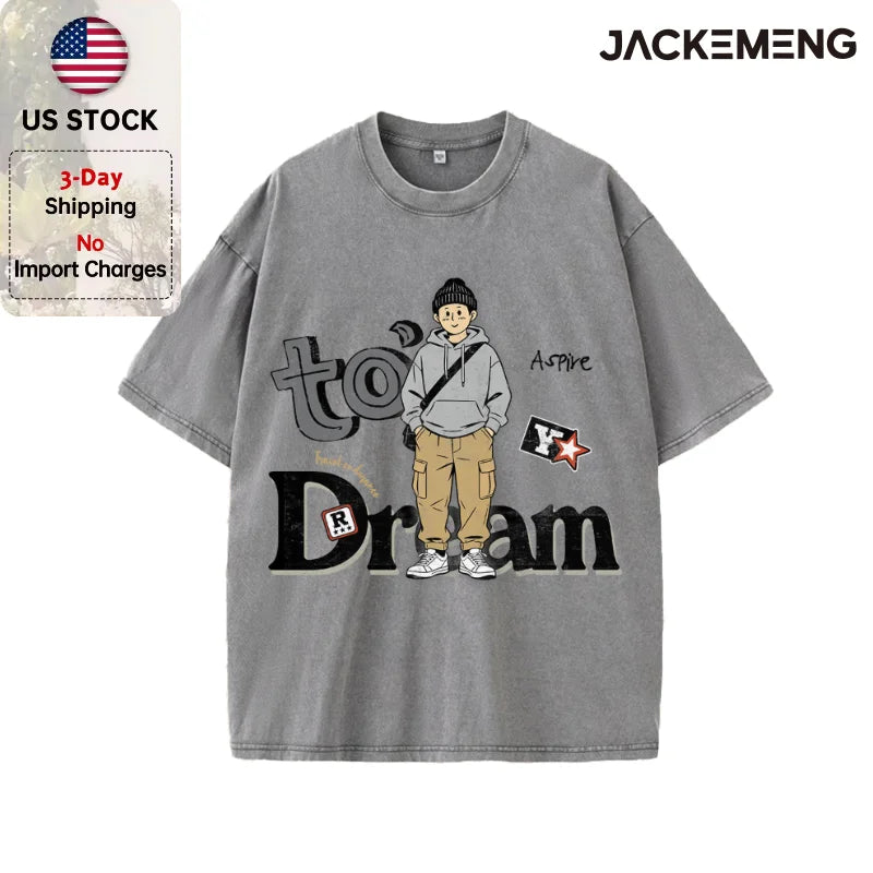 Oversized Washed Retro Cartoon Streetwear Print Tshirt USA Stock Wholesale Y2K Casual Tee