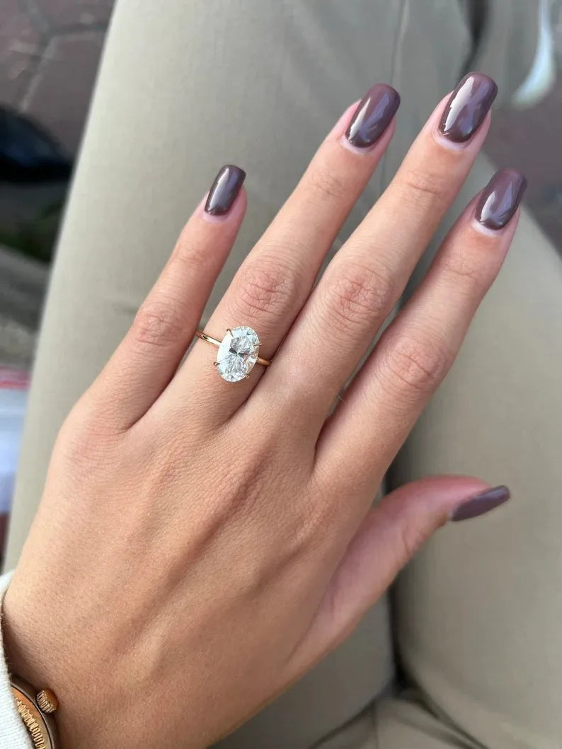 3 Carat Oval Lab Grown Diamond Engagement Ring IGI Certified Hidden Halo Solitaire in 14K 18K Gold