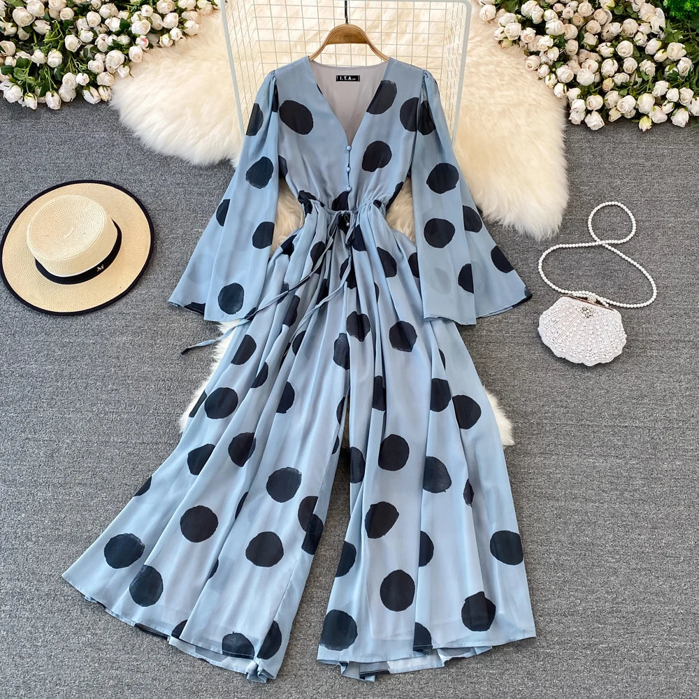Flared Sleeve Polka Dot Print V-Neck Jumpsuit Wide Leg Jumpsuit