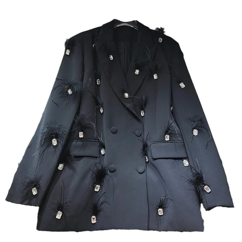 Boutique Wholesale 2026 Autumn New Fashionable French Design Water Diamond Splicing Feather Double Breasted Loose Women's Suit