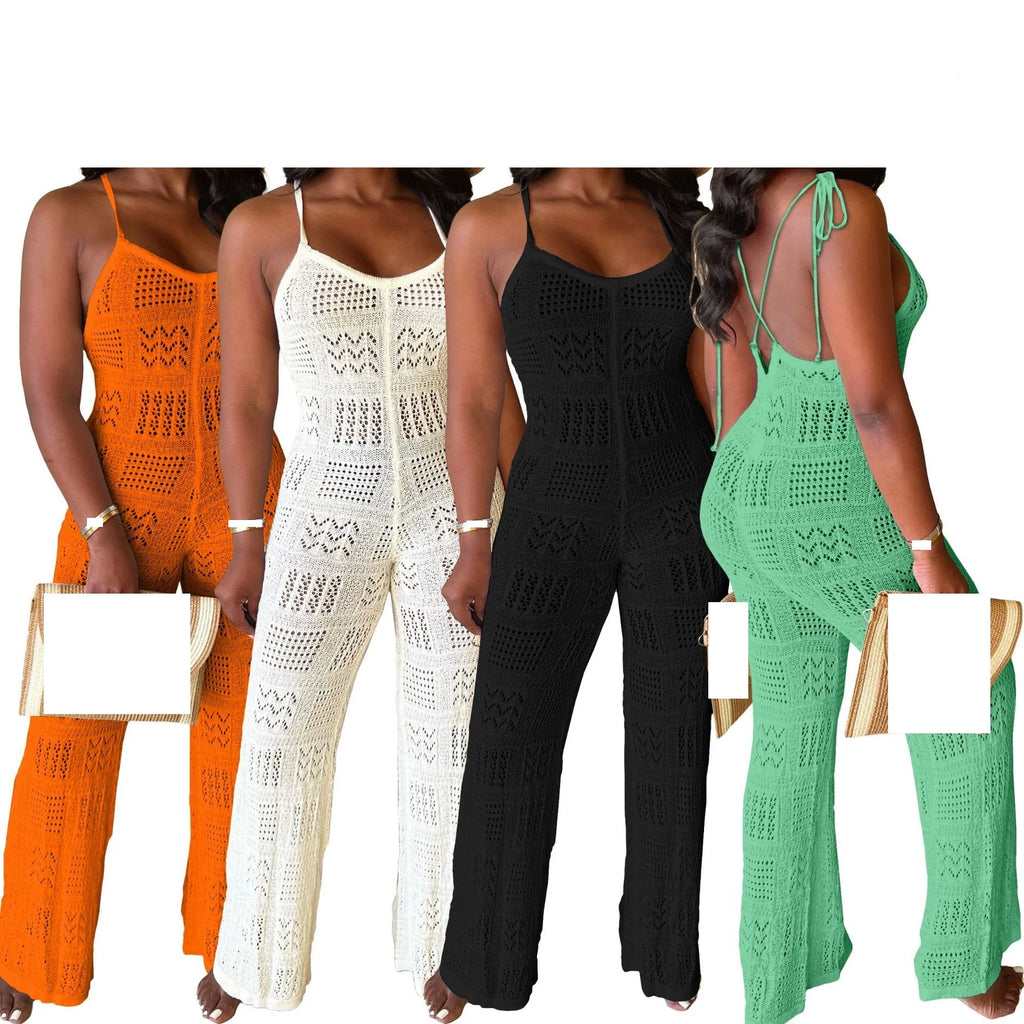 European and American Fashion Women's Solid Color Wool Knitted Sexy Tie Suspender Geometric Hollow-out Romper