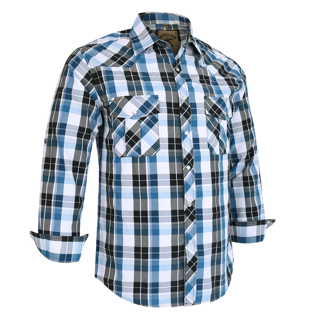 Men's Western Pearl Snap Button up Casual Cowboy Long Sleeve Two Pockets Work Plaid Shirts