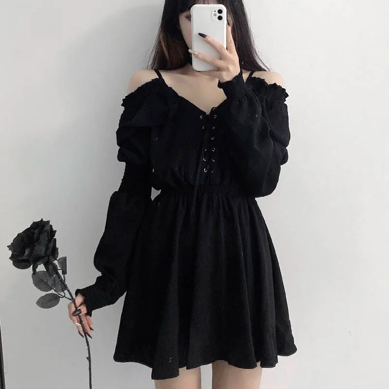 Zoki Harajuku Gothic Women Dress Y2K Summer Sexy Off Shoulder Black Bandage Mini Dress Fashion Elegant Party Night Vestidos New