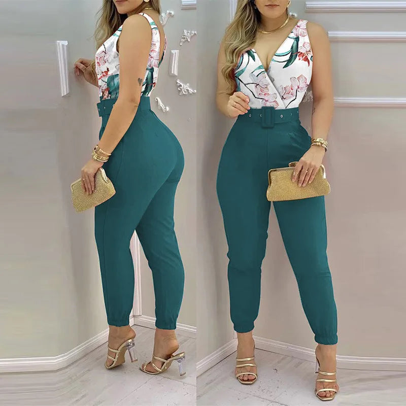 XY1012 2022 New Arrivals V-neck High Waist Backless Printed Jumpsuit Women Summer Jumpsuits With Belt