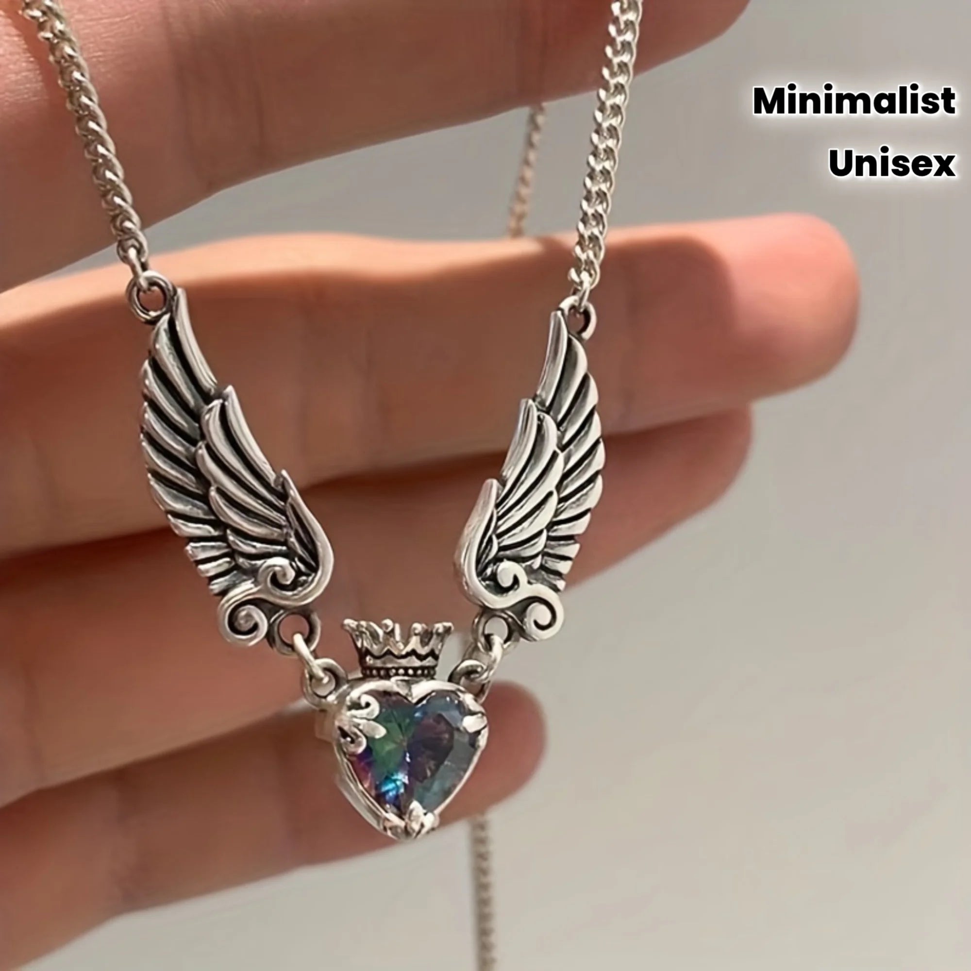 Minimalist Crown & Wing Pendant Sweater Necklace - Unisex Luxury Design With Heart Detail Artificial Crystal