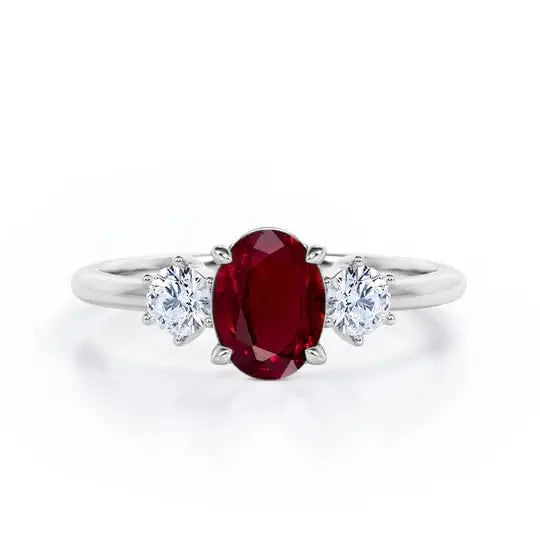 Oval Cut Ruby Classic Pave Setting Three Stone Engagement Ring 925 Sterling Silver Gold Plated Trio Wedding Party Ring