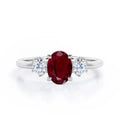 Oval Cut Ruby Classic Pave Setting Three Stone Engagement Ring 925 Sterling Silver Gold Plated Trio Wedding Party Ring