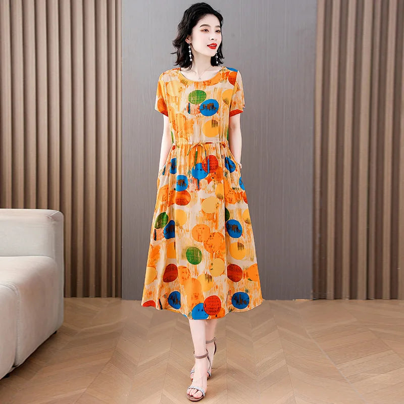 Women Floral Printed Summer Dresses O-neck Short Sleeve Fashion Printing Women's Simple Flower A-line Casual Dress