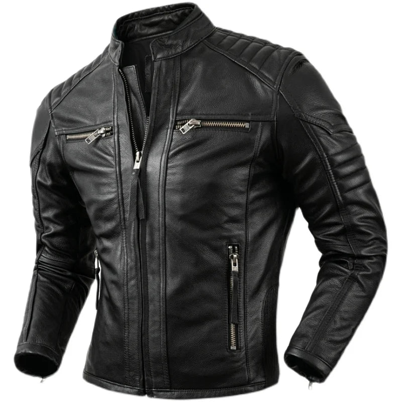 New Motorcycle Causal Vintage Leather Coat Men Autumn Outfit Fashion Biker Pocket Design Top Layer Cow Leather Jacket