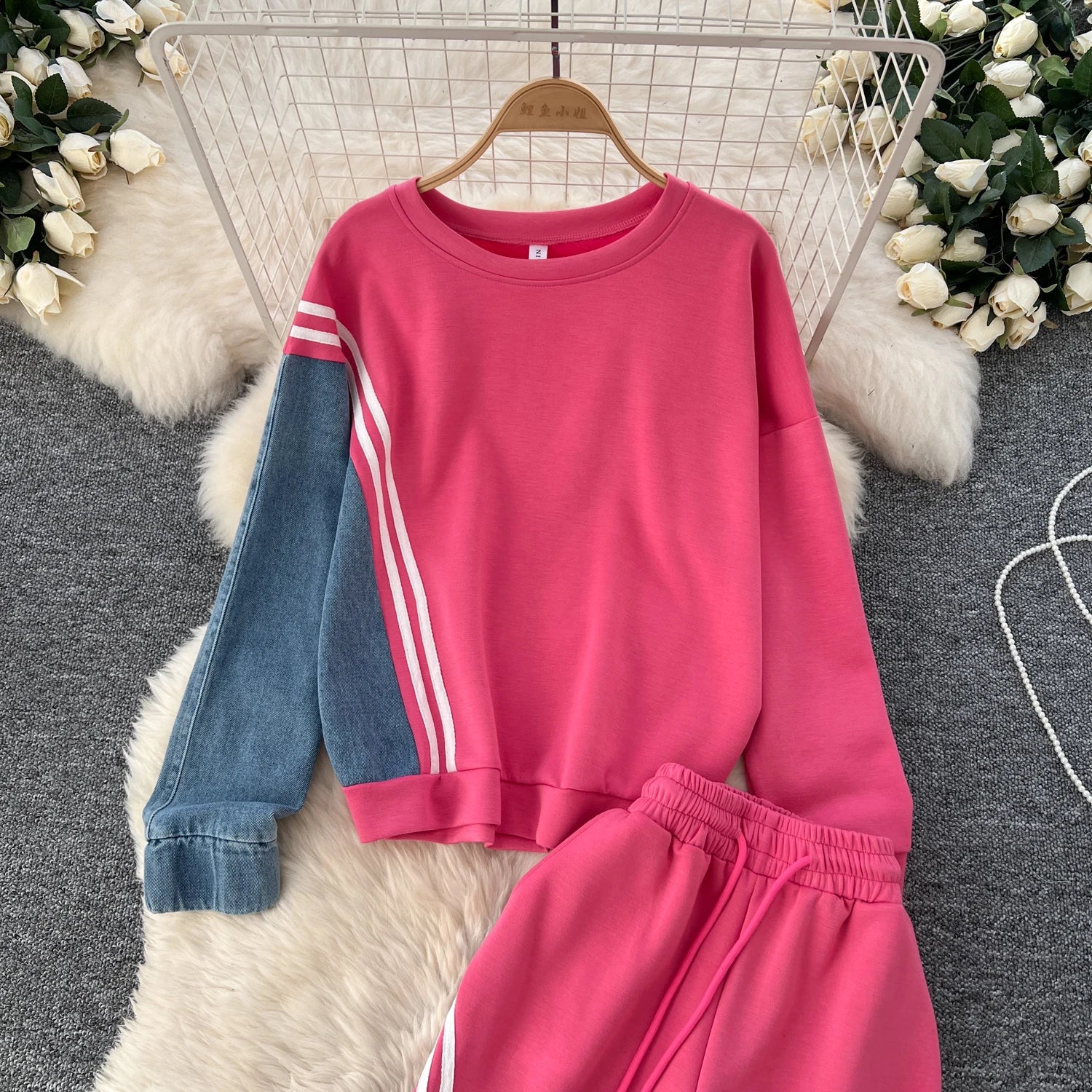 Autumn Winter New Women Sports Style Elegant Contrasting Set Pullover Top Drawstring Pants