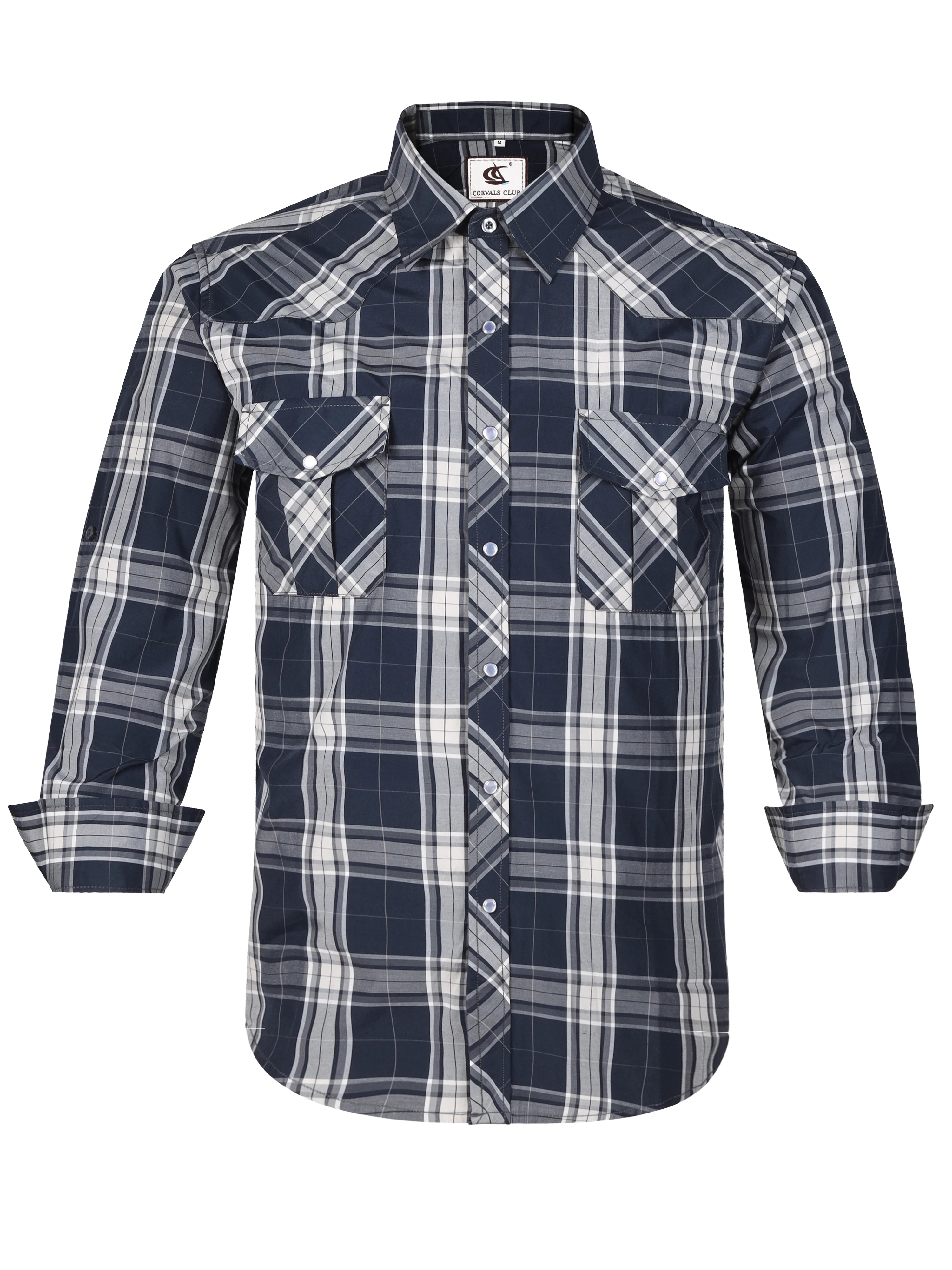 Men's Western Cowboy Long Sleeve Pearl Snap Casual Plaid Work Shirts