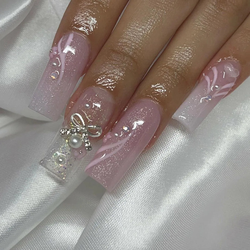 Dropshipping 24 Pcs French Style Romantic Art Acrylic Press on Nails Artificial Fingernails Candy False Nails Dating  Party 2792
