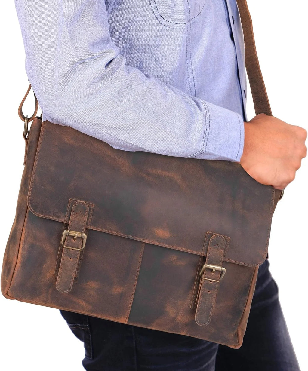 Men's and Women's Fashionable Genuine Leather Travel Messenger Office Crossbody Laptop Briefcase Protective College Satchel Bag