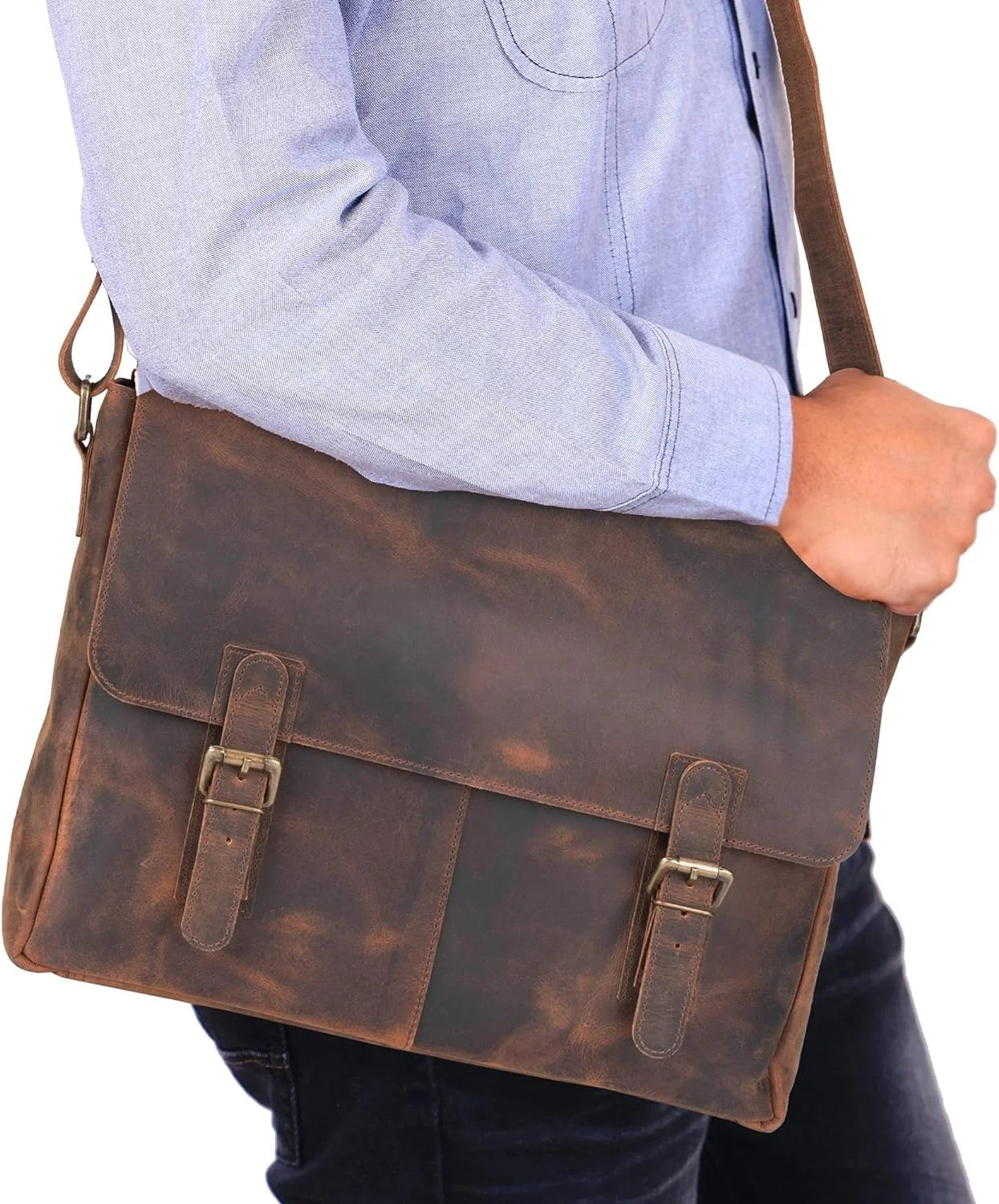 Men's and Women's Fashionable Genuine Leather Travel Messenger Office Crossbody Laptop Briefcase Protective College Satchel Bag