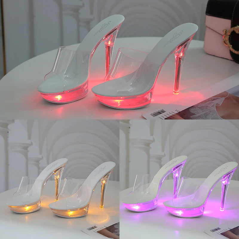 Fashion Summer Led Lights Sandals Women Clear Transparent Party Thin High Heels Platform Shoes Female Luminous Slippers WS308