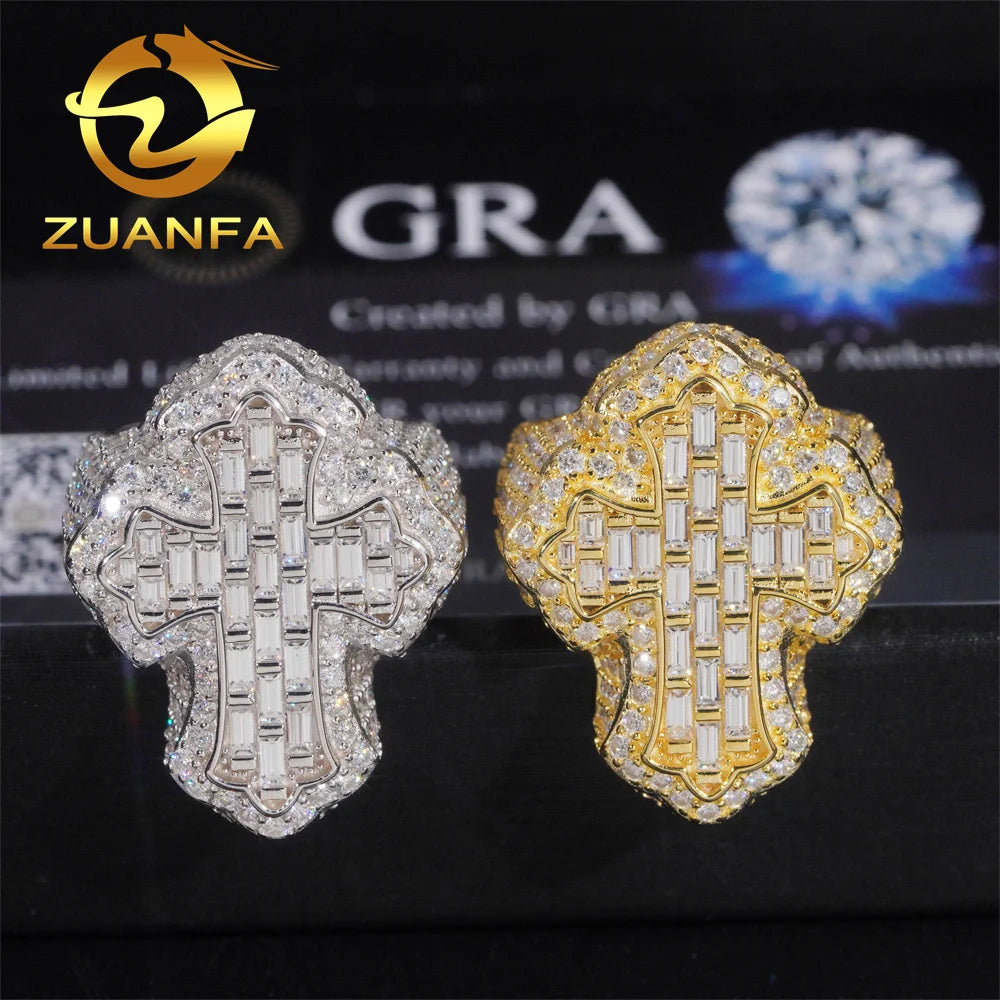 Hot Sale Instock  Iced Out Cross Moissanite Diamond Rings 925 Sterling Silver Hip Hop Ring Pass Diamond Tester Men Cuban Ring