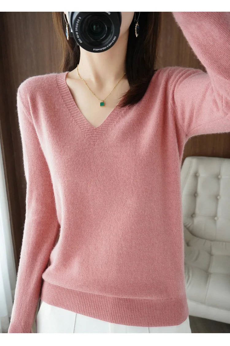 Women's Sweater 2025 Autumn Winter Knitted Pullovers V-neck Slim Fit Bottoming Shirt Solid Soft Knitwear Jumpers Basic Sweaters