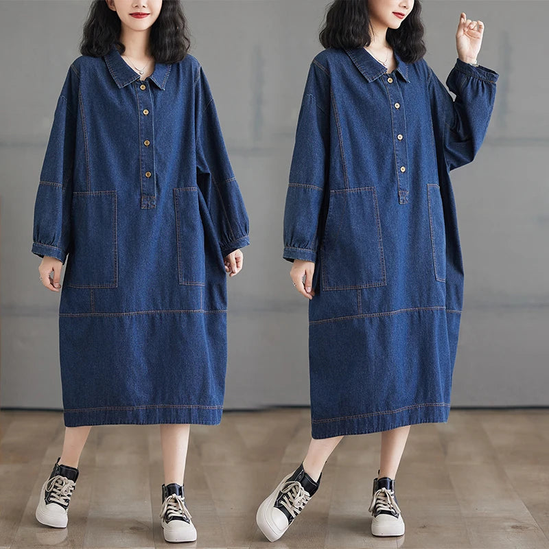 Boutique Wholesale 2026 Autumn New Fashionable Loose and Slimming Mid to Long Denim Women's Dress