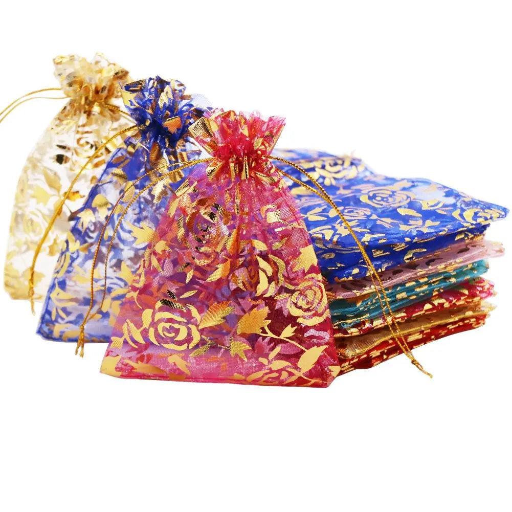 100pcs/lot 7x9 9x12 11x16 13x18cm Printing Roses Love Christmas Organza Bags Drawstring Gift Bag Charm Jewelry Packaging Bags
