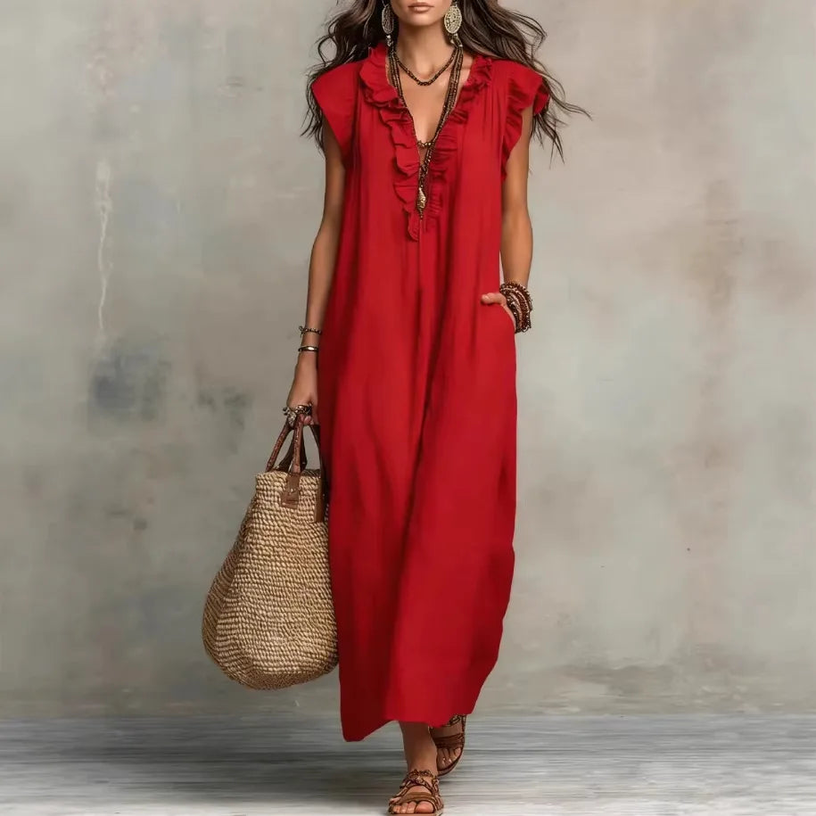 Bohemian Style Ruffle Trim Maxi Dress Women Casual Loose Summer Linen Dress