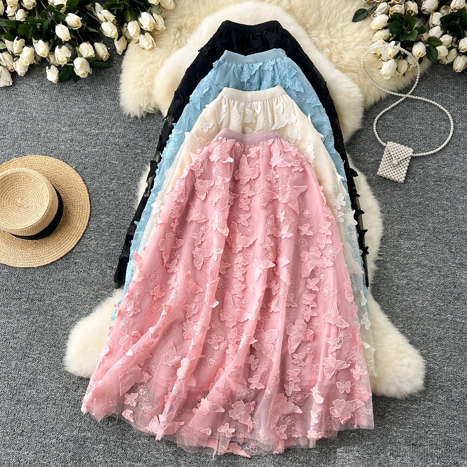 LE2666 Heavy Three-Dimensional Butterfly Embroidery Mesh Skirt Female 2024 New High-Waisted Mid-Length A-Line Fairy Skirt