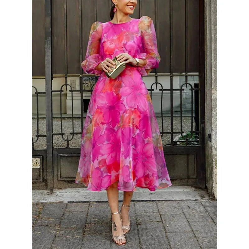 Lady Elegant Evening O-Neck Dress Floral Pattern Gauze for Spring Autumn Women's Casual Maxi Dress for Office Streetwear Empire
