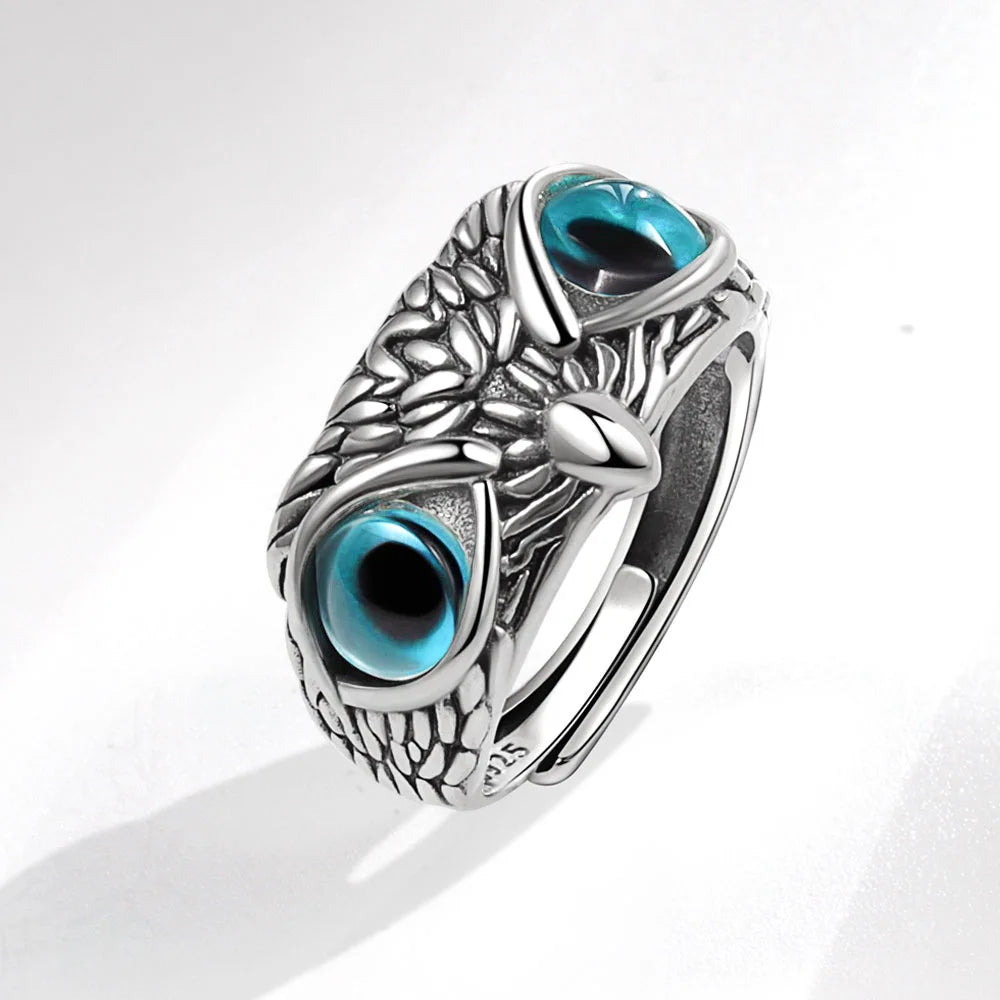 New Design Jewelry Fine Jewelry 925 Silver Finger Rings Open Adjustable Vintage Animal Evil Blue Eye Owl Rings for Women Men