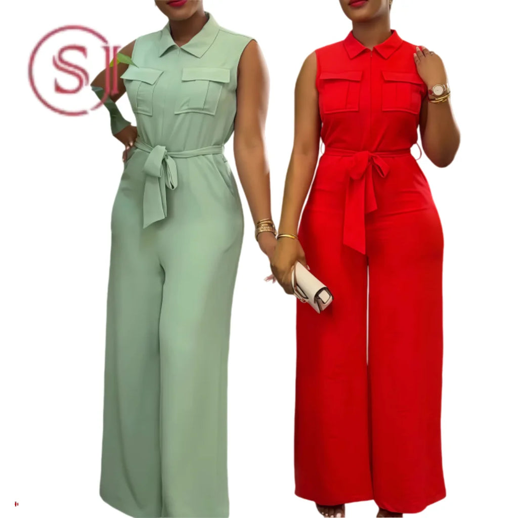 HK7041Fashion Women Jumpsuit Lady Elegant Solid Color Lapel Collar Pocket Sleeveless Lace up Waist Wide Leg Jumpsuit for Women
