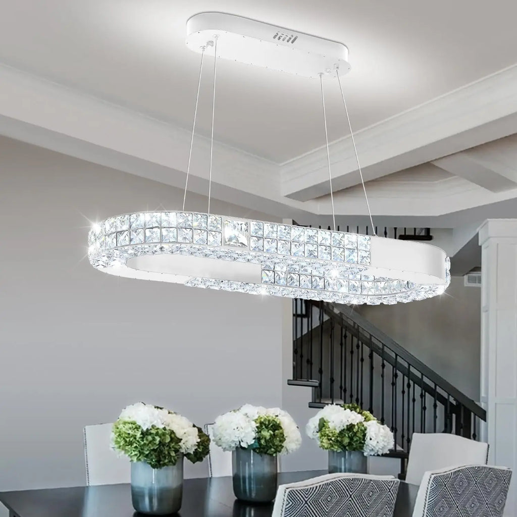 Oval Crystal Chandelier,LED Ring Chandelier for Kitchen Island Modern Linear Oval Chandeliers for Dining Room
