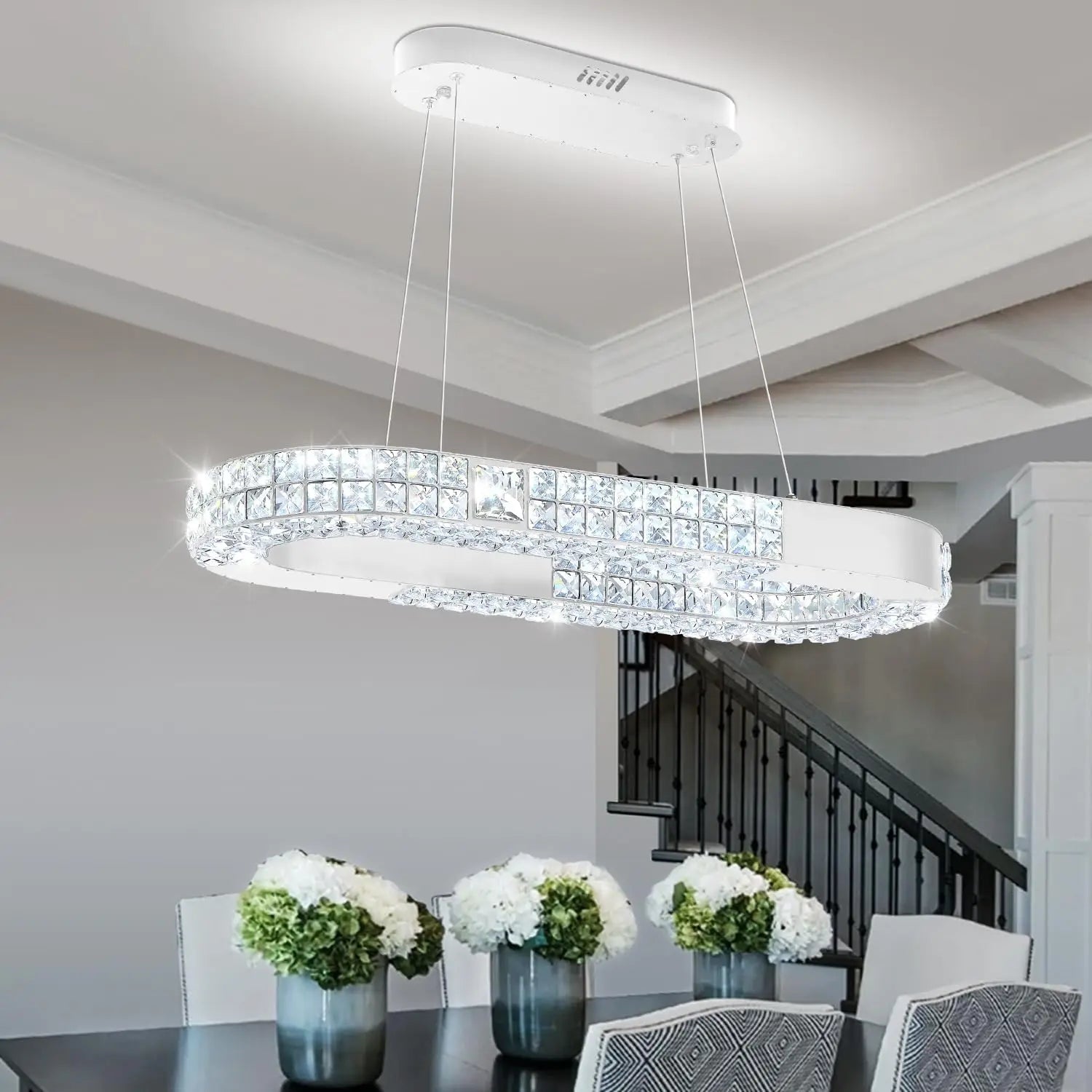 Oval Crystal Chandelier,LED Ring Chandelier for Kitchen Island Modern Linear Oval Chandeliers for Dining Room