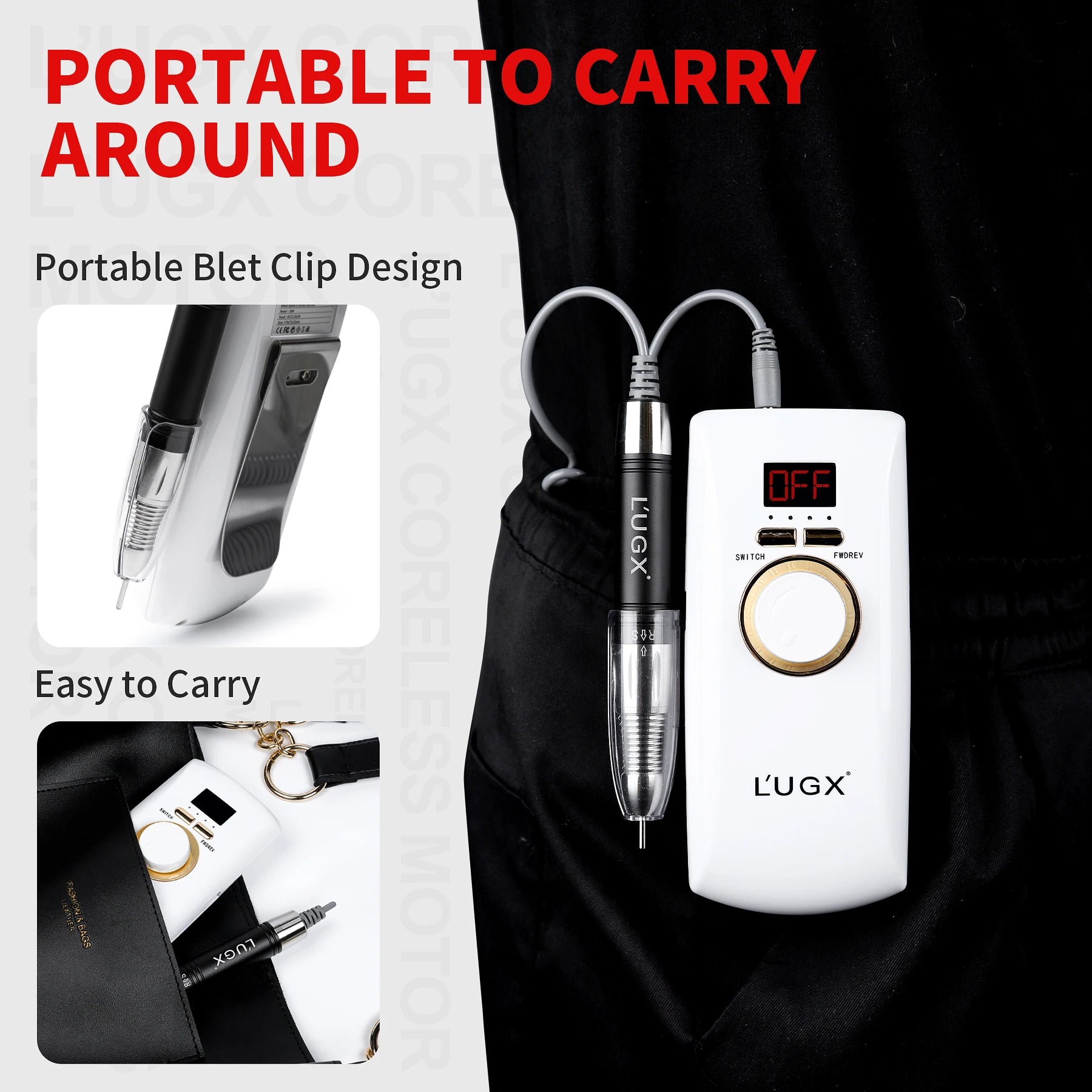 L'UGX High Quality Professional 30000 Rpm Wireless Nail Drill Machine Cordless Electric Rechargeable Portable Nail Drill