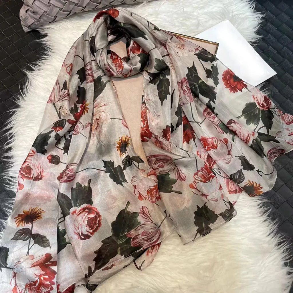 BYSIFA| Ultralarge Spring Fall 100% Mulberry Silk Scarf Beach Wrap Brand Female Long Scarves New Red Floral Silk Scarf Shawl