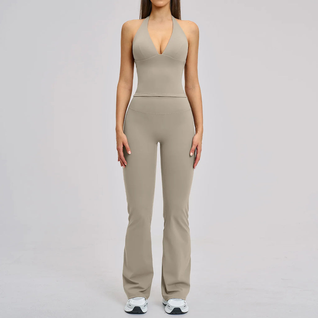 Women's Halter Backless Brushed Flare Yoga Set High Waist Flared Pants Workout Running Outfit