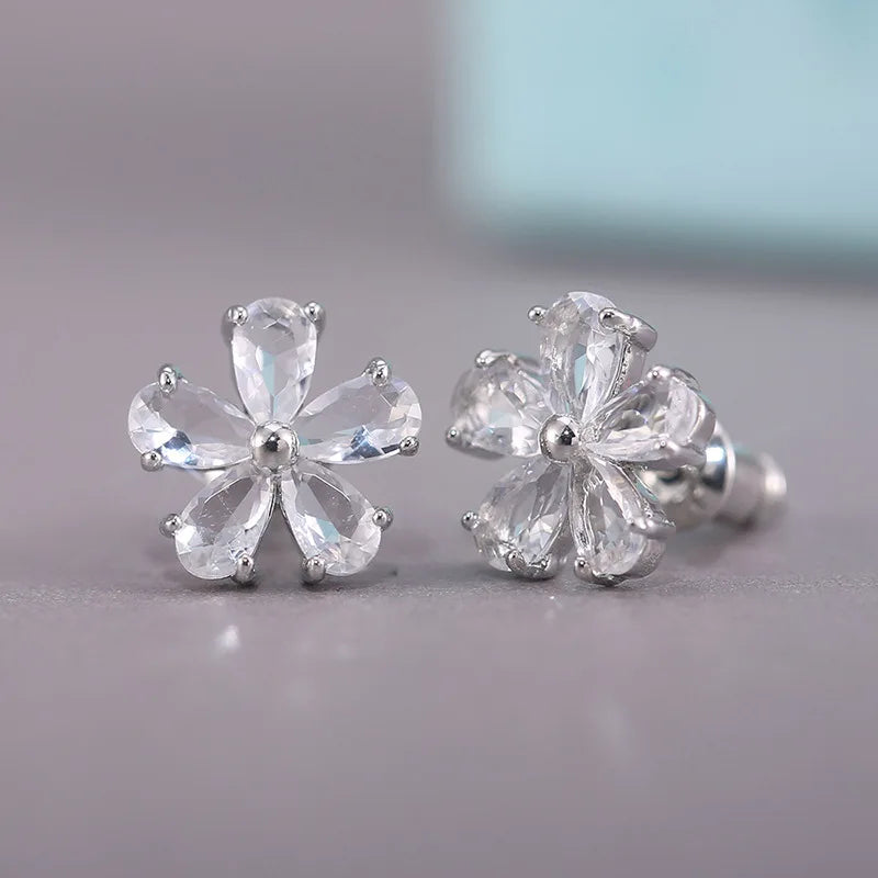 Silver Plated Blue Gemstone Flower Stud Earrings For Women Party Fashion Jewelry Alloy Earring With Claw Setting