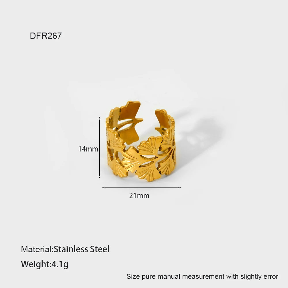 Geometric Jewelry 18K Gold Plated Finger Ring Stainless Steel Chain Starfish Ginkgo Leaf Layer Opening Stacking Rings Gift