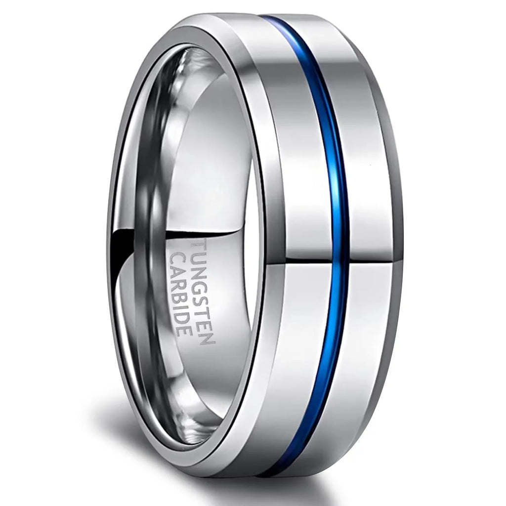 OAHLAN 8mm High Polished Tungsten Carbide Rings Blue Line Grooved Anti Rust for Mens Wedding Engagement Anniversary Gift Jewelry
