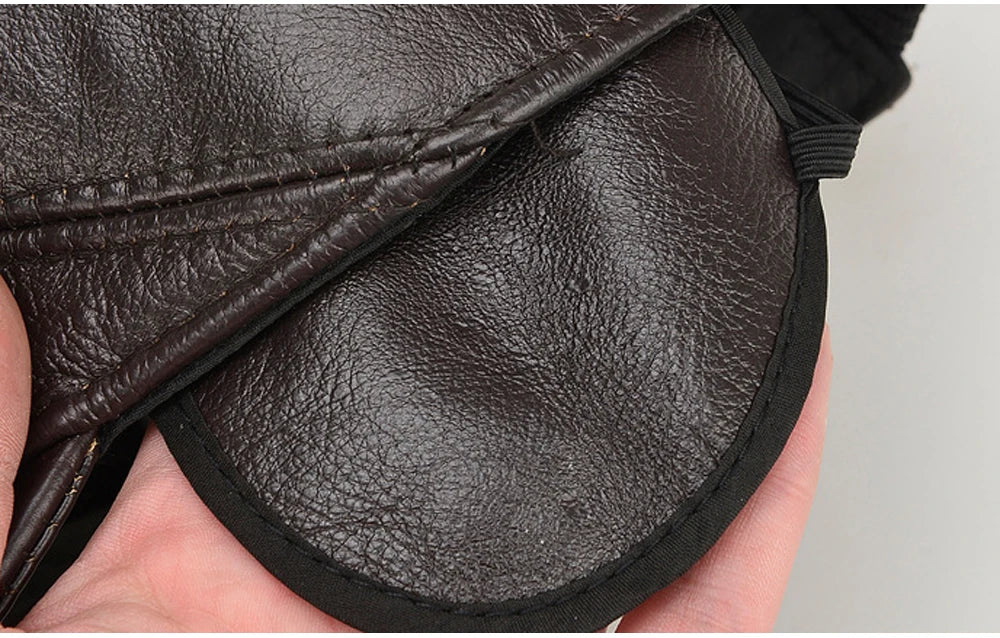 Brand Men Casual Real Leather Earflap Cap Men Real Cowhide Leather Caps Male Fall Winter Genuine Real Cow Leather Baseball Hats